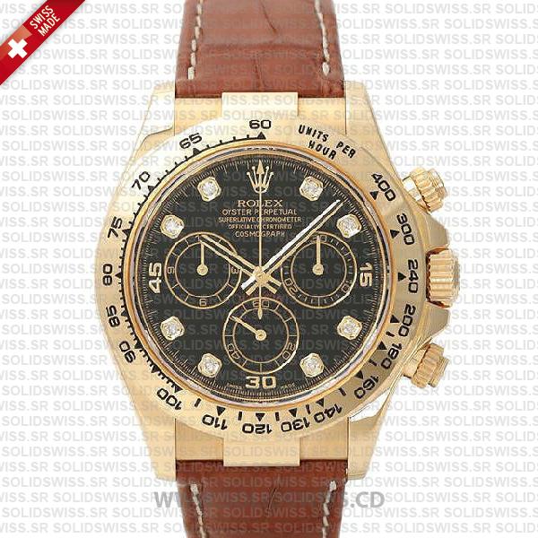 Rolex Daytona Gold Black Diamond Dial Leather Strap Watch