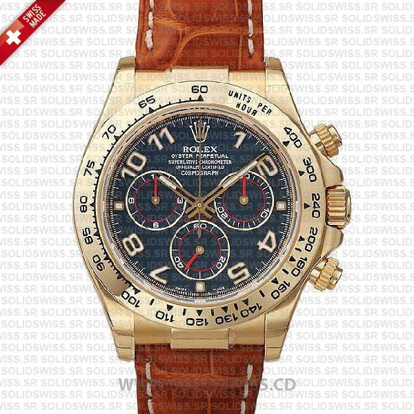 Rolex Daytona Leather Gold Blue Arabic Dial 40mm Watch