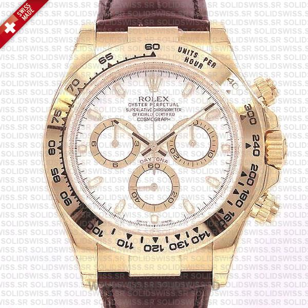 Rolex Daytona Leather Gold White Dial Watch | Swiss Replica