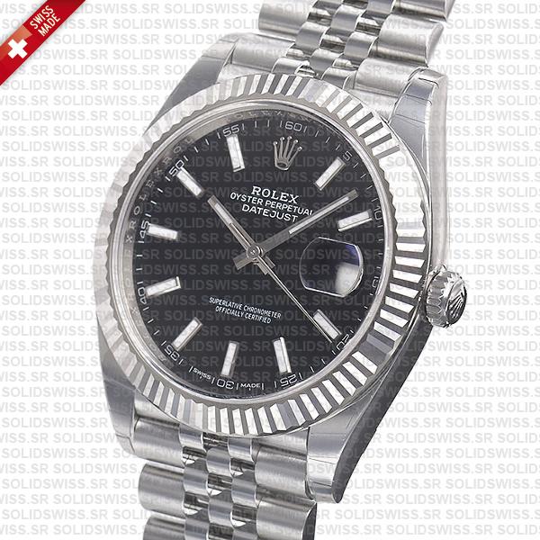 Rolex Datejust 41 Jubilee Black Dial Stick Markers 904l Steel 18k White Gold Fluted Bezel 41mm Ref.126334 Swiss Replica Super Clone