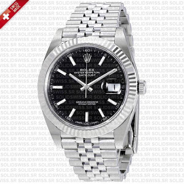 Rolex Datejust 41 Jubilee Black Dial Stick Markers 904l Steel 18k White Gold Fluted Bezel 41mm Ref.126334 Swiss Replica Super Clone