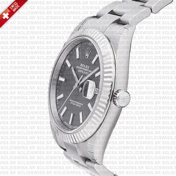 Rolex Datejust 41 Oyster Dark Rhodium Grey Dial Stick Markers 904l Steel 18k White Gold Fluted Bezel 41mm Swiss Replica Watch