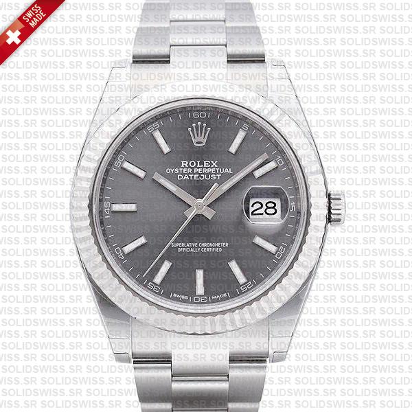 Rolex Datejust 41 Oyster Dark Rhodium Grey Dial Stick Markers 904l Steel 18k White Gold Fluted Bezel 41mm Swiss Replica Watch