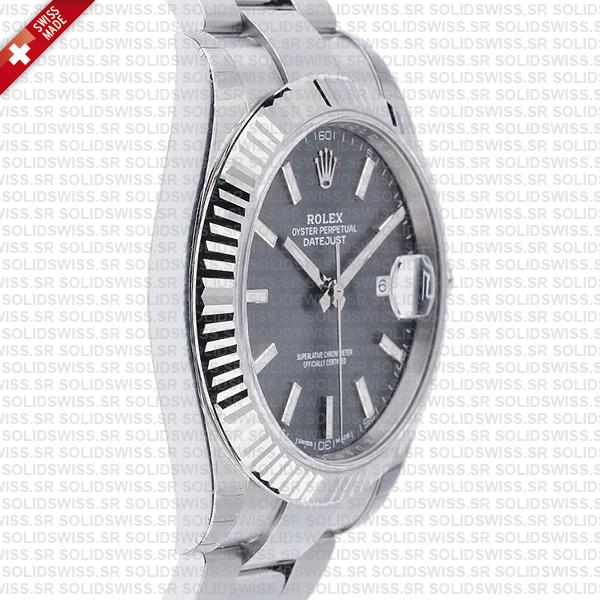 Rolex Datejust 41 Oyster Dark Rhodium Grey Dial Stick Markers 904l Steel 18k White Gold Fluted Bezel 41mm Swiss Replica Watch
