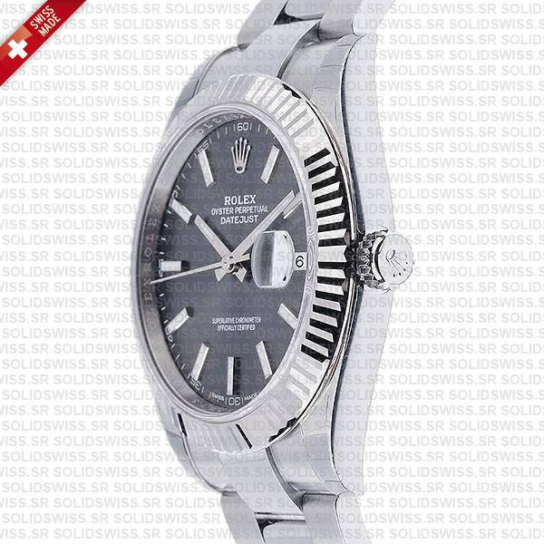 Rolex Datejust 41 Oyster Dark Rhodium Grey Dial Stick Markers 904l Steel 18k White Gold Fluted Bezel 41mm Swiss Replica Watch