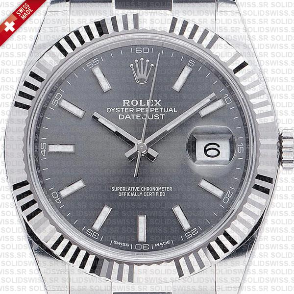 Rolex Datejust 41 Oyster Dark Rhodium Grey Dial Stick Markers 904l Steel 18k White Gold Fluted Bezel 41mm Swiss Replica Watch