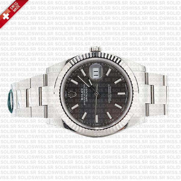 Rolex Datejust 41 Oyster Dark Rhodium Grey Dial Stick Markers 904l Steel 18k White Gold Fluted Bezel 41mm Swiss Replica Watch
