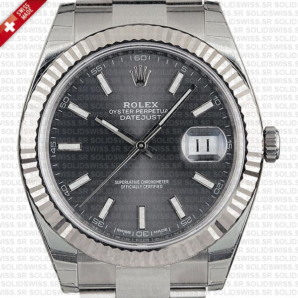 Rolex Datejust 41 Oyster Dark Rhodium Grey Dial Stick Markers 904l Steel 18k White Gold Fluted Bezel 41mm Swiss Replica Watch