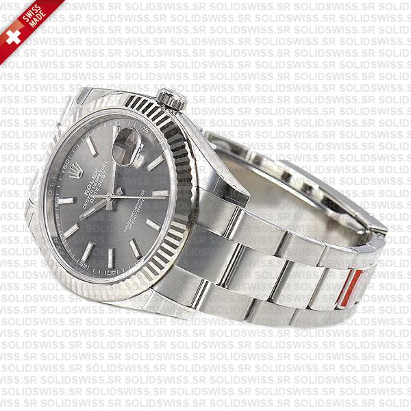 Rolex Datejust 41 Oyster Dark Rhodium Grey Dial Stick Markers 904l Steel 18k White Gold Fluted Bezel 41mm Swiss Replica Watch