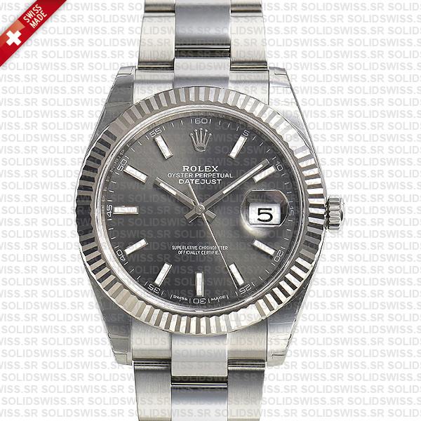 Rolex Datejust 41 Oyster Dark Rhodium Grey Dial Stick Markers 904l Steel 18k White Gold Fluted Bezel 41mm Swiss Replica Watch