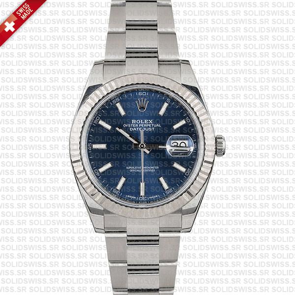 Rolex Datejust 41 Oyster Blue Dial Stick Markers 904l Steel 18k White Gold Fluted Bezel 41mm Swiss Replica Watch