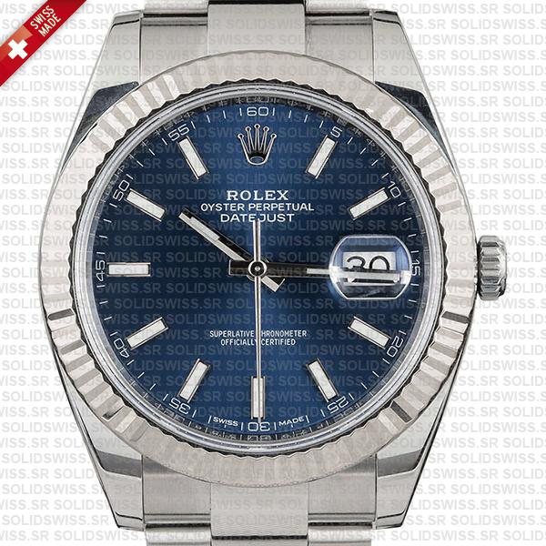 Rolex Datejust 41 Oyster Blue Dial Stick Markers 904l Steel 18k White Gold Fluted Bezel 41mm Swiss Replica Watch