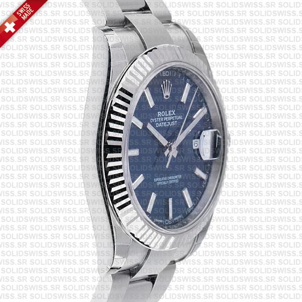 Rolex Datejust 41 Oyster Blue Dial Stick Markers 904l Steel 18k White Gold Fluted Bezel 41mm Swiss Replica Watch