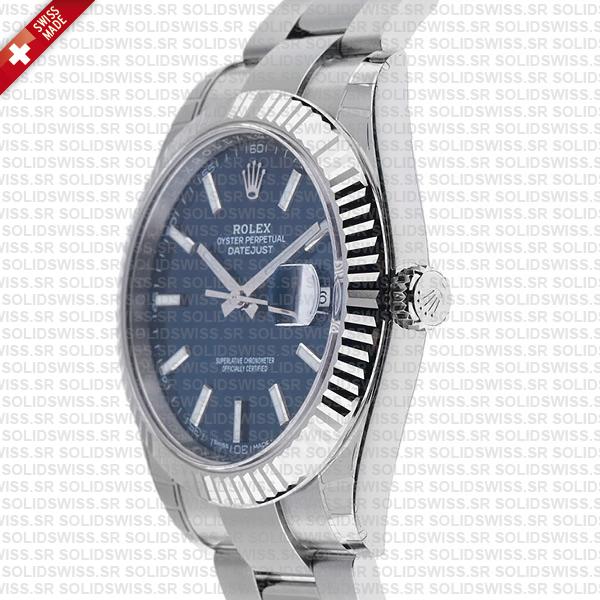 Rolex Datejust 41 Oyster Blue Dial Stick Markers 904l Steel 18k White Gold Fluted Bezel 41mm Swiss Replica Watch