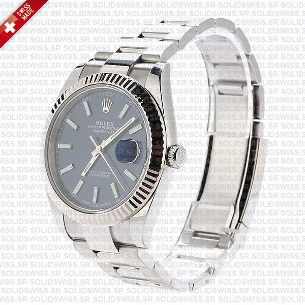 Rolex Datejust 41 Oyster Blue Dial Stick Markers 904l Steel 18k White Gold Fluted Bezel 41mm Swiss Replica Watch