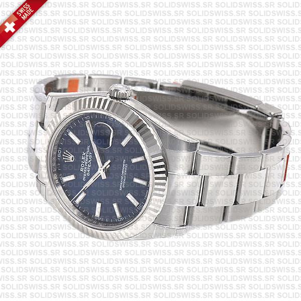 Rolex Datejust 41 Oyster Blue Dial Stick Markers 904l Steel 18k White Gold Fluted Bezel 41mm Swiss Replica Watch