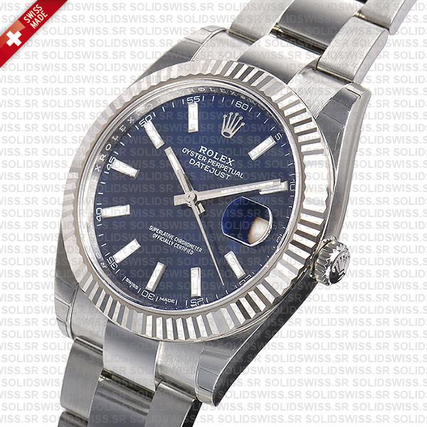 Rolex Datejust 41 Oyster Blue Dial Stick Markers 904l Steel 18k White Gold Fluted Bezel 41mm Swiss Replica Watch
