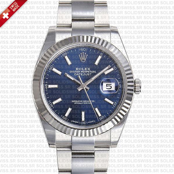 Rolex Datejust 41 Oyster Blue Dial Stick Markers 904l Steel 18k White Gold Fluted Bezel 41mm Swiss Replica Watch