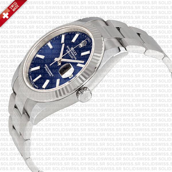 Rolex Datejust 41 Oyster Blue Dial Stick Markers 904l Steel 18k White Gold Fluted Bezel 41mm Swiss Replica Watch