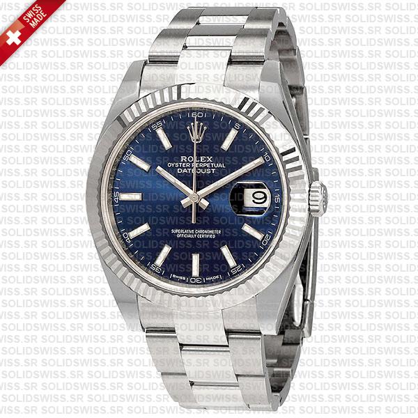 Rolex Datejust 41 Oyster Blue Dial Stick Markers 904l Steel 18k White Gold Fluted Bezel 41mm Swiss Replica Watch