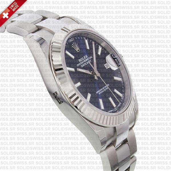 Rolex Datejust 41 Oyster Blue Dial Stick Markers 904l Steel 18k White Gold Fluted Bezel 41mm Swiss Replica Watch
