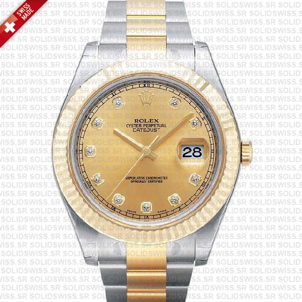 Rolex Datejust Ii Oyster 2-tone 18k Yellow Gold/904l Steel Fluted Bezel Gold Dial Diamond Markers 41mm Swiss Replica Watch