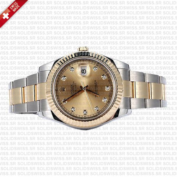 Rolex Datejust Ii Oyster 2-tone 18k Yellow Gold/904l Steel Fluted Bezel Gold Dial Diamond Markers 41mm Swiss Replica Watch