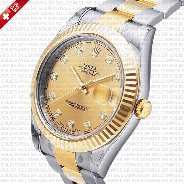 Rolex Datejust Ii Oyster 2-tone 18k Yellow Gold/904l Steel Fluted Bezel Gold Dial Diamond Markers 41mm Swiss Replica Watch