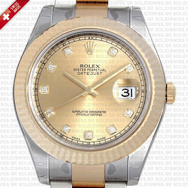 Rolex Datejust Ii Oyster 2-tone 18k Yellow Gold/904l Steel Fluted Bezel Gold Dial Diamond Markers 41mm Swiss Replica Watch