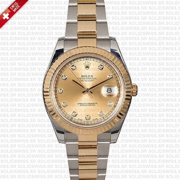 Rolex Datejust Ii Oyster 2-tone 18k Yellow Gold/904l Steel Fluted Bezel Gold Dial Diamond Markers 41mm Swiss Replica Watch