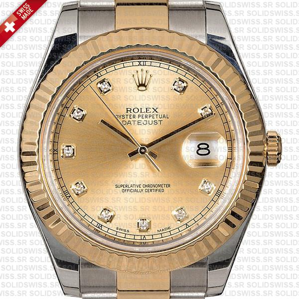 Rolex Datejust Ii Oyster 2-tone 18k Yellow Gold/904l Steel Fluted Bezel Gold Dial Diamond Markers 41mm Swiss Replica Watch