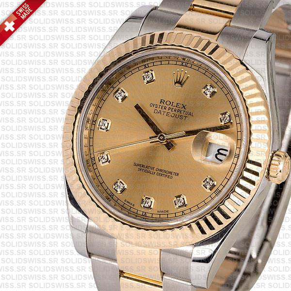 Rolex Datejust Ii Oyster 2-tone 18k Yellow Gold/904l Steel Fluted Bezel Gold Dial Diamond Markers 41mm Swiss Replica Watch