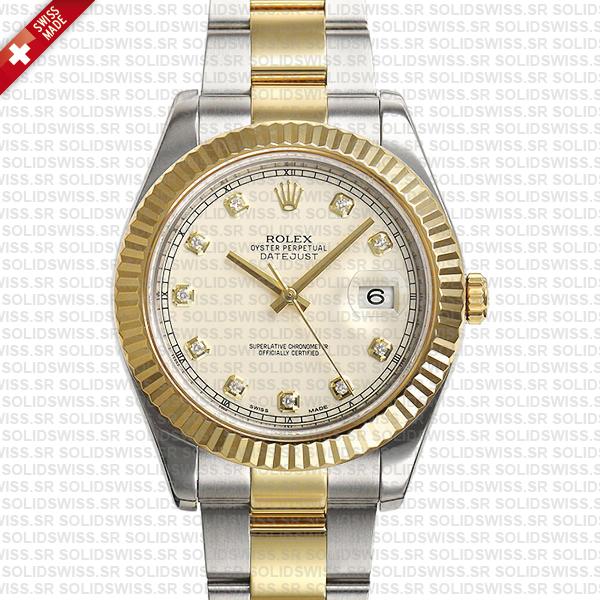 Rolex Datejust ΙΙ Oyster 2-tone 18k Yellow Gold/904l Steel Fluted Bezel Ivory White Dial Diamond Markers 41mm Swiss Replica Watch