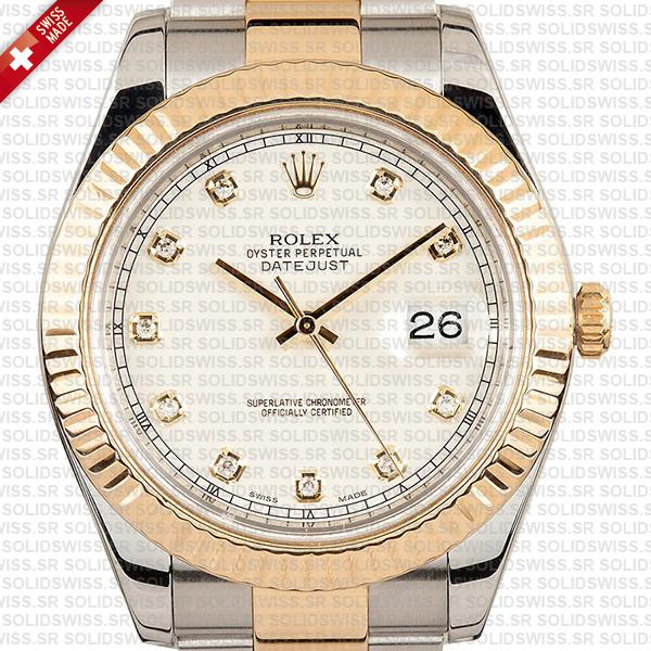Rolex Datejust ΙΙ Oyster 2-tone 18k Yellow Gold/904l Steel Fluted Bezel Ivory White Dial Diamond Markers 41mm Swiss Replica Watch