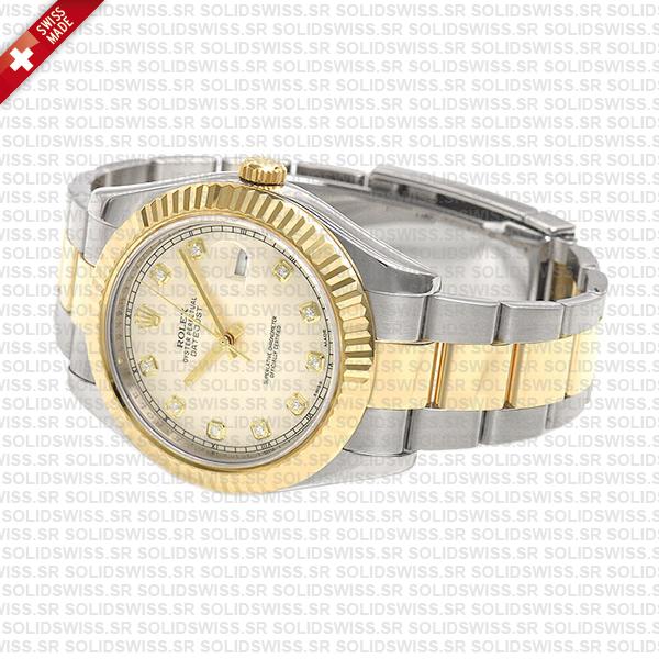 Rolex Datejust ΙΙ Oyster 2-tone 18k Yellow Gold/904l Steel Fluted Bezel Ivory White Dial Diamond Markers 41mm Swiss Replica Watch