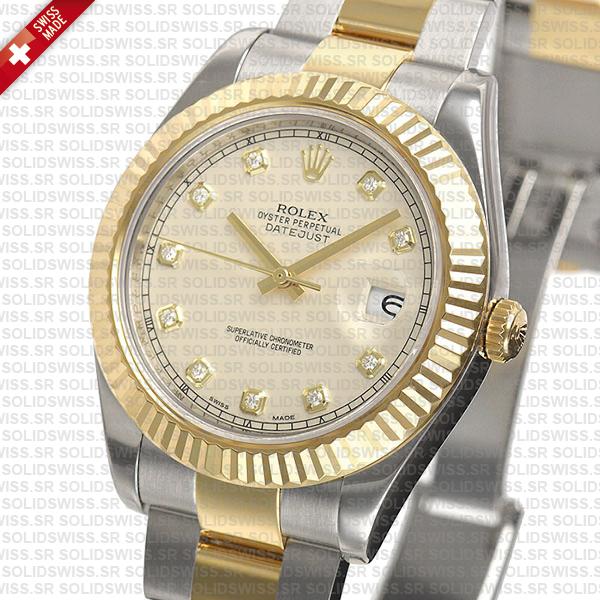 Rolex Datejust ΙΙ Oyster 2-tone 18k Yellow Gold/904l Steel Fluted Bezel Ivory White Dial Diamond Markers 41mm Swiss Replica Watch