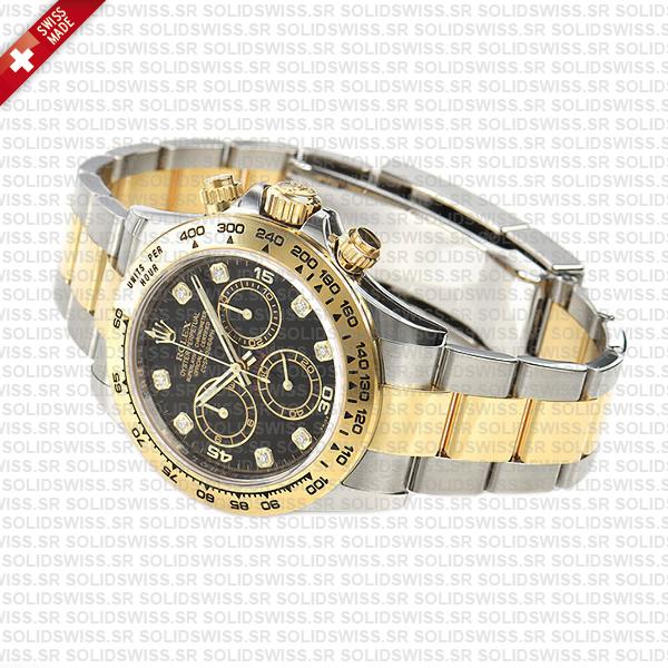 Rolex Daytona Two-Tone Black Diamond Dial 904L Stainless Steel Oyster Bracelet