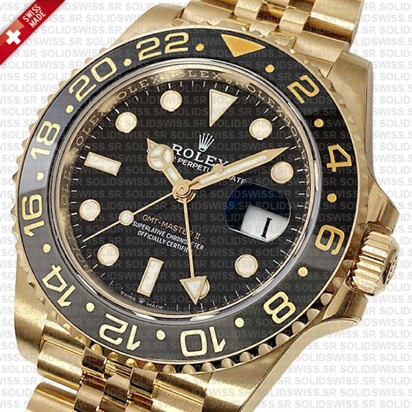 Rolex Gmt-master Ii Jubilee 18k Yellow Gold Black Dial Ceramic Bezel 40mm Swiss Made Replica Superclone Watch Ref.126718grnr