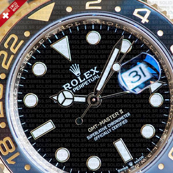 Rolex Gmt-master Ii Jubilee 18k Yellow Gold Black Dial Ceramic Bezel 40mm Swiss Made Replica Superclone Watch Ref.126718grnr