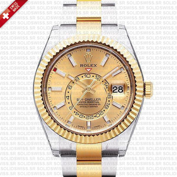 Rolex Sky-dweller 2-tone Oyster 18k Yellow Gold 904l Steel Gold Dial 42mm Ref.326933 Swiss Made Replica Super Clone