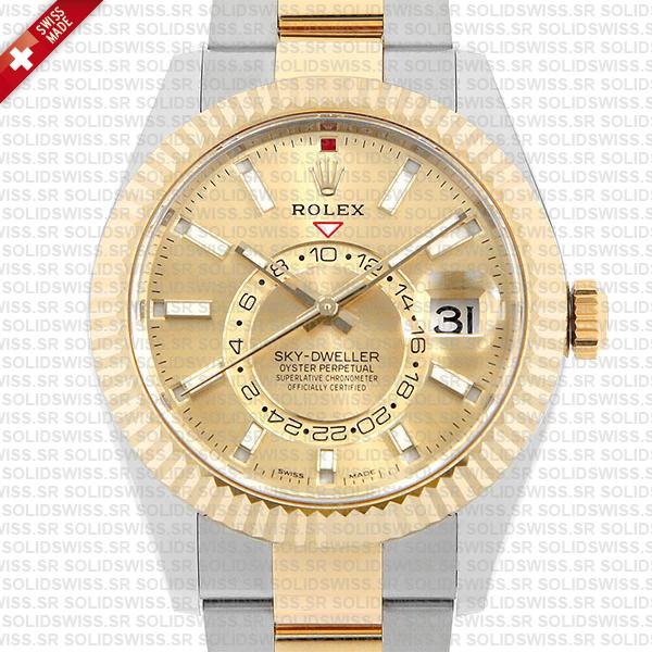 Rolex Sky-dweller 2-tone Oyster 18k Yellow Gold 904l Steel Gold Dial 42mm Ref.326933 Swiss Made Replica Super Clone