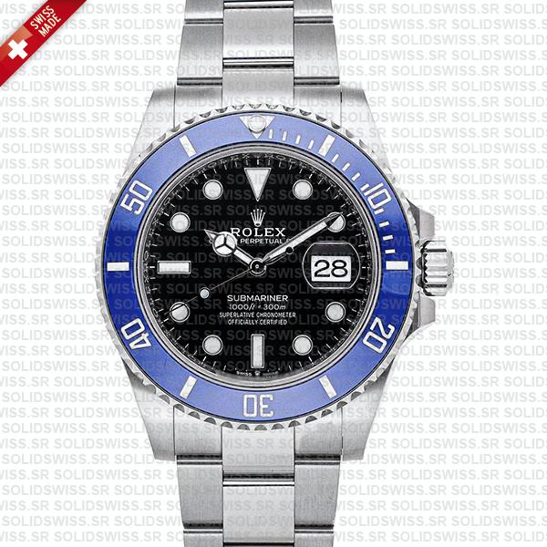 Rolex Submariner 41mm 904L Steel 18K White Gold Wrap Black Dial Blue Bezel