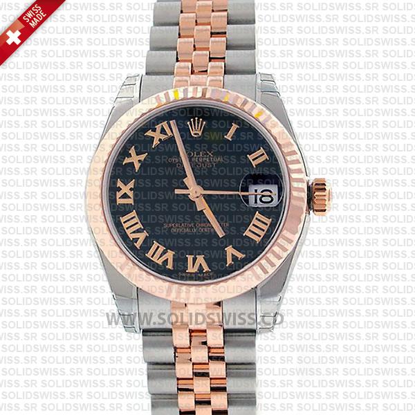 Rolex Lady-Datejust 31mm 18k Rose Gold Black Face Roman Numerals Jubilee Bracelet