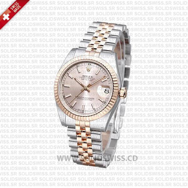 Rolex Datejust 31mm Oyster Pink Sticks Fluted Bezel 18k Rose Gold 2-Tone Swiss Replica