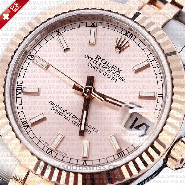 Rolex Datejust 31mm Oyster Pink Sticks Fluted Bezel 18k Rose Gold 2-Tone Swiss Replica