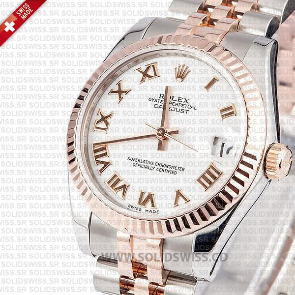 Rolex Oyster Perpetual Datejust Two-Tone 18k Rose Gold White Roman Dial