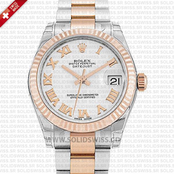 Rolex Datejust Two-Tone 18k Rose Gold Fluted Bezel with White Roman Dial