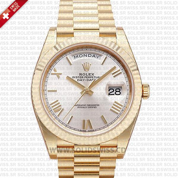 Rolex Day-Date 40 Gold Silver Roman Dial | Solidswiss Replica