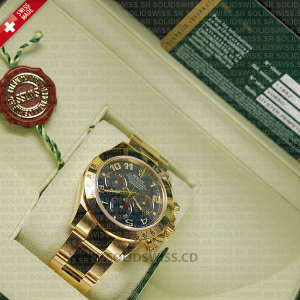 Rolex Cosmograph Daytona 18k Yellow Gold Blue Arabic Dial Oyster Bracelet Watch