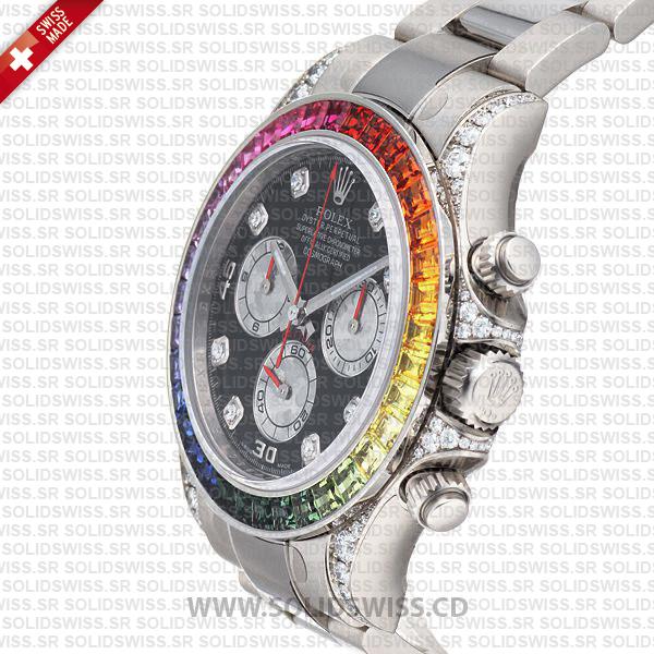 Rolex Daytona White Gold Black Diamond Dial Rainbow Bezel Watch